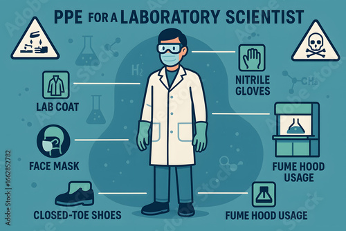 Simple infographic composition of laboratory safety essentials and personal protective equipment