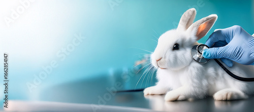 動物病院で獣医さんに聴診器を当てられているかわいいウサギ（A cute rabbit being listened to by a veterinarian with a stethoscope at a veterinary clinic）
