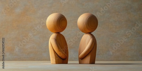 Two wooden figurines facing each other with neutral posture on a plain surface against a textured neutral background
