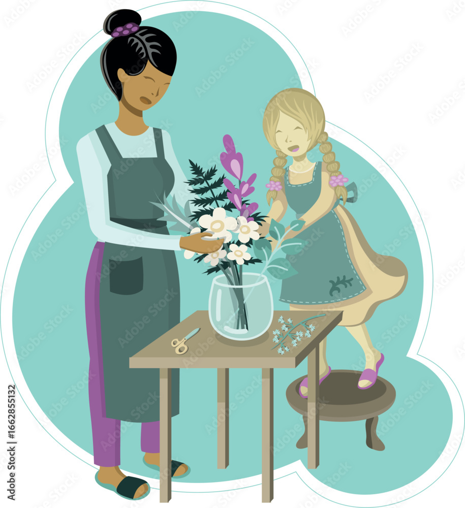 Obraz premium Vector flat illustration of tha hardworking family of florists, where the mother teach her daughter to assemble a composition of flowers