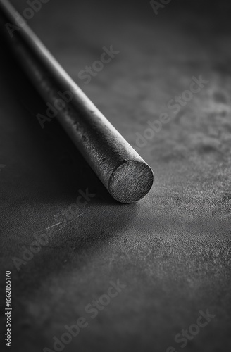 Sharp focus on iron bar tip resting on smooth surface with visible metal texture in black and grey tones, soft lighting creating gentle shadows to accentuate sleekness and form
