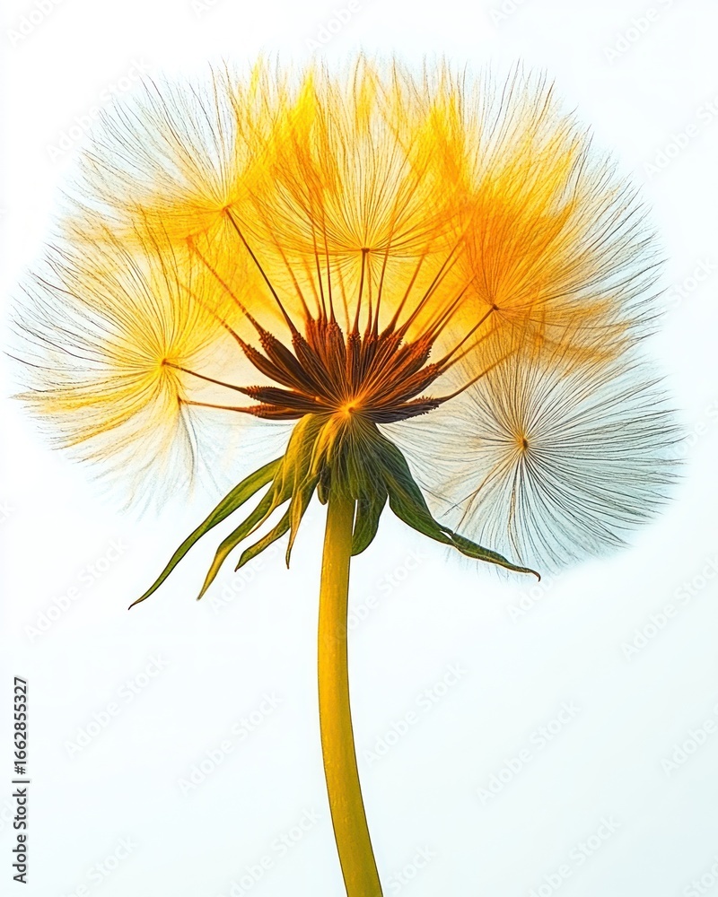 Obraz premium Close-up of a dandelion seed head with delicate, translucent seeds glowing in soft golden light against a bright background
