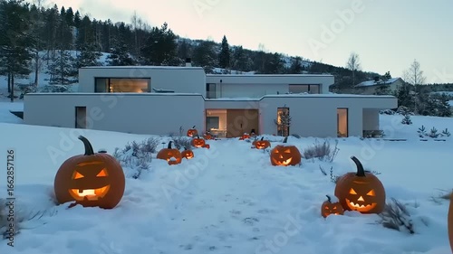 Snowy path to modern house decorated with pumpkins