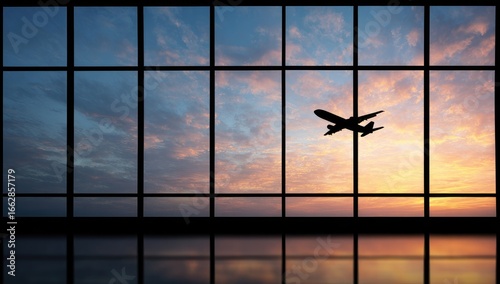 Airplane silhouette seen through airport windows at sunset