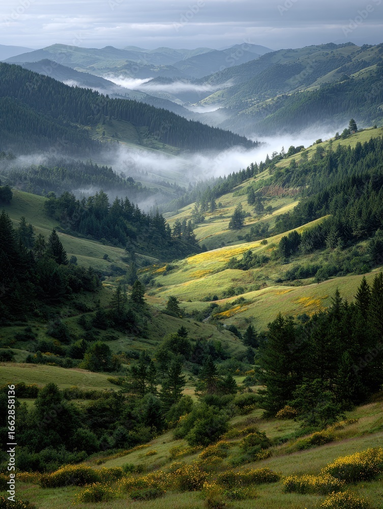 Naklejka premium Misty mountain valley, lush green hills (1)