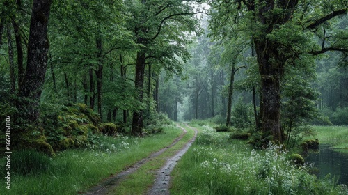 Misty forest path, lush greenery, wet ground