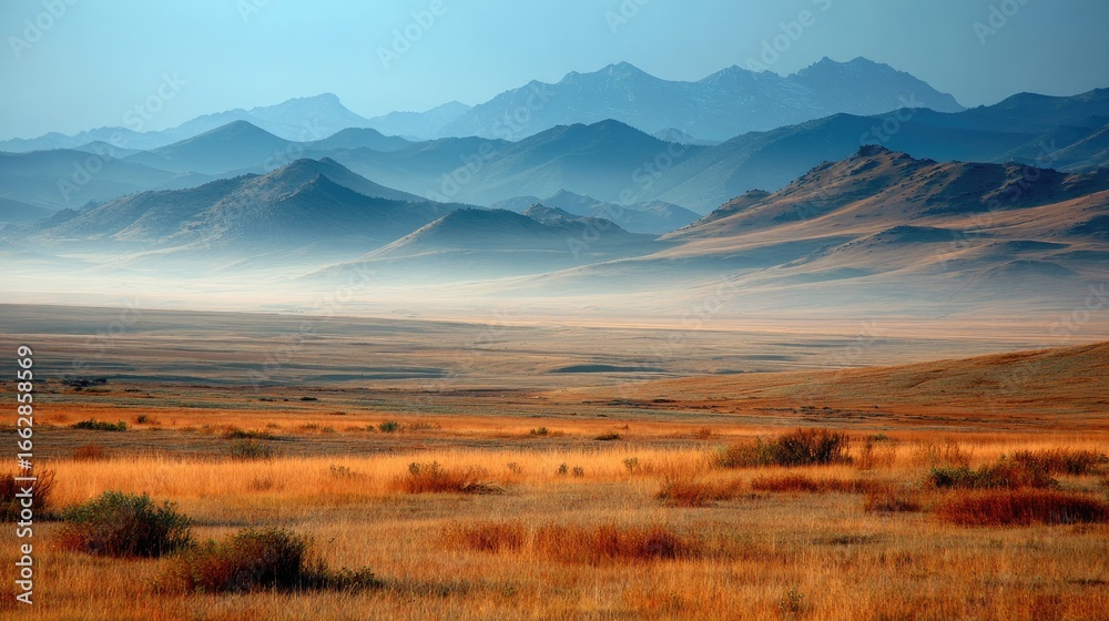 Fototapeta premium Vast, sun-drenched steppe, hazy mountains