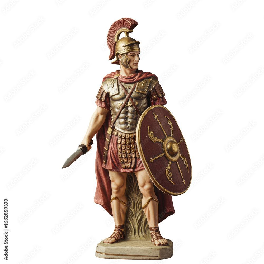 Obraz premium Majestic figurine of a roman centurion soldier with a crested helmet, shield, and sword