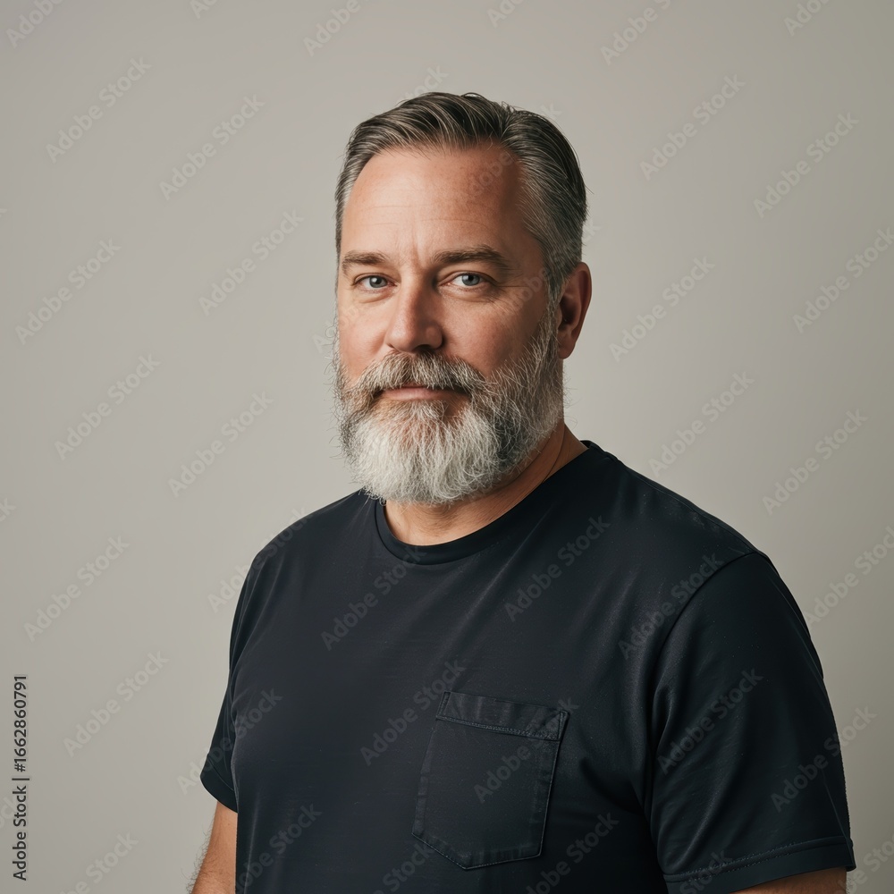 Obraz premium Portrait of middle-aged man with grey beard and mustache wearing black t-shirt against neutral background, casual fashion and mature male style photography