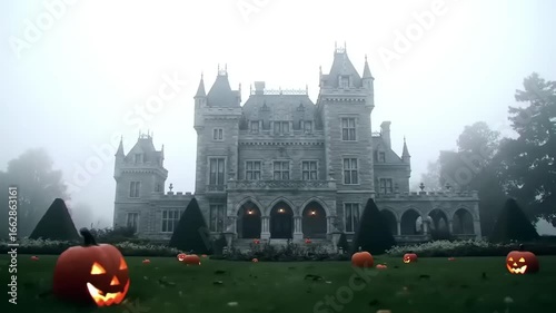 Spooky foggy castle pumpkins