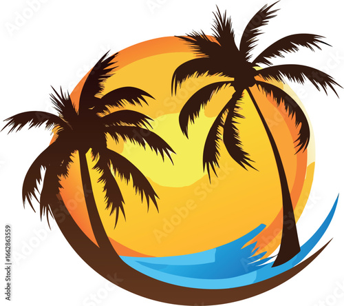 Vector illustration of a tropical beach with palm tree silhouettes against a summer sunset over the sea