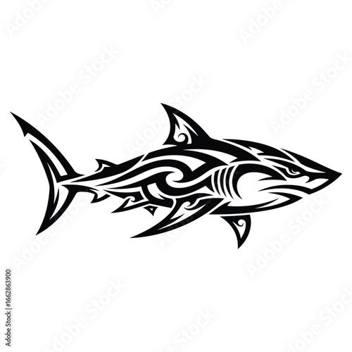 Tribal shark tattoo design featuring bold black ink perfect for body art and graphic design projects