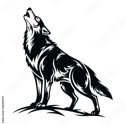 Stylized black wolf howling at the moon showcasing tribal art perfect for tattoo designs and logo concepts