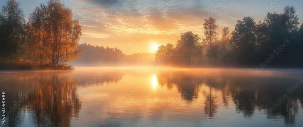 Fototapeta premium Calm lake at sunrise with trees reflected in the water and a golden mist creating a peaceful and serene atmosphere