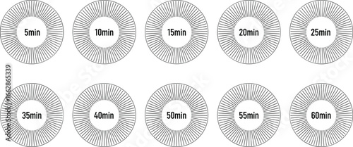 Circular minute timer icon set featuring 5 to 60 minute intervals for scheduling, countdown, and productivity design projects