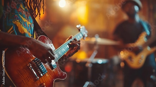 Close-up of a person playing an electric guitar with another musician in the blurred background during a live performance with warm lighting