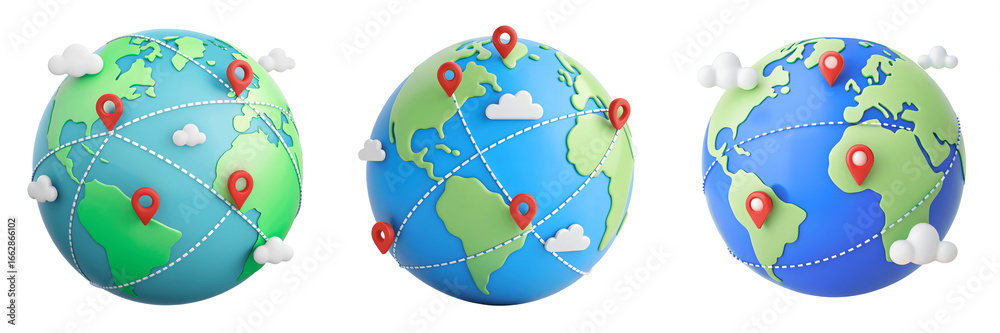 Fototapeta premium Set For globes with location pins isolated on transparent background