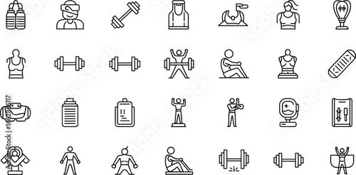 Fitness and wellness icon set featuring gym equipment, apparel, hydration, stretching, and athlete symbols for sport, health, and training design projects