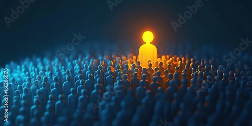 Crowd of blue human figures surrounding a single glowing orange figure radiating light, symbolizing leadership, individuality, and standing out in darkness