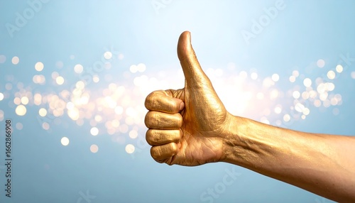 Gold-painted hand giving a thumbs-up against a light-blue bokeh background