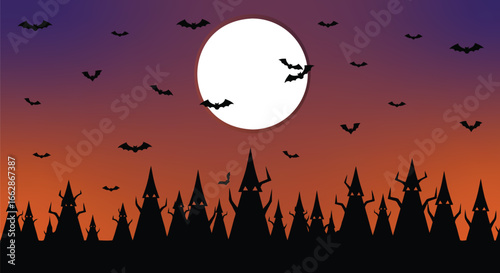 Spooky Halloween night with full moon and bats