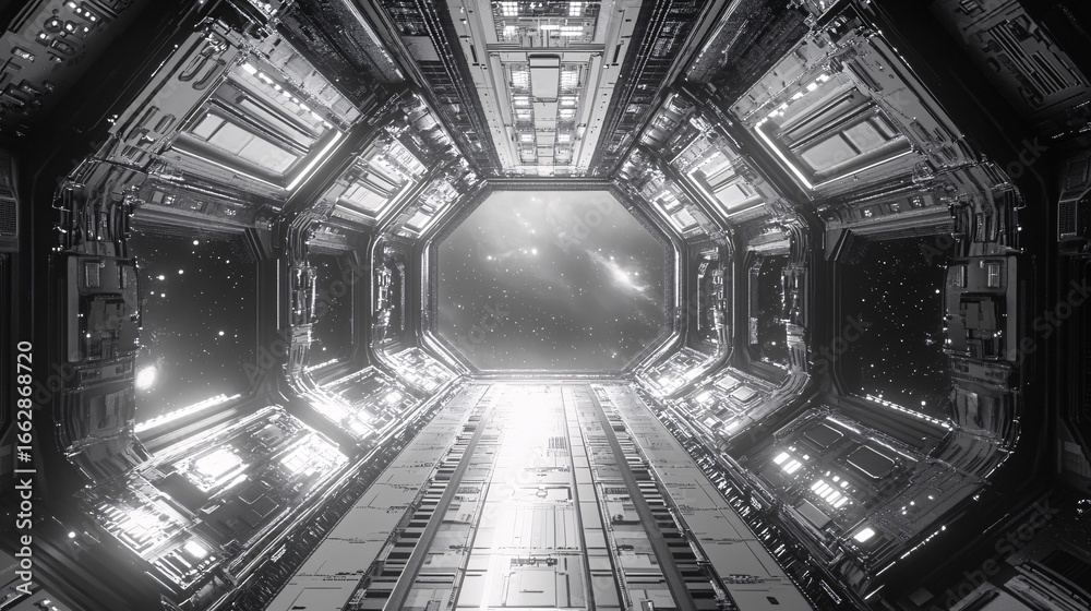 Fototapeta premium Futuristic Spaceship Corridor Leading to the Galaxy Stars