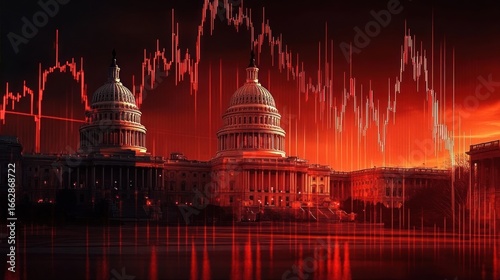 Dramatic red-toned image of a government building with stock market graphs overlayed symbolizing financial or political crisis