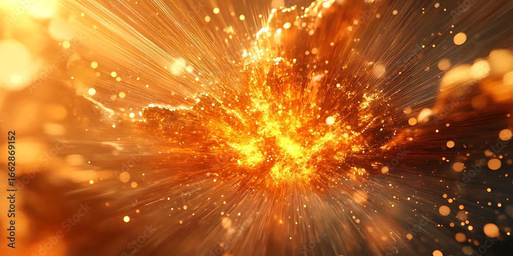 Fototapeta premium A vibrant explosion of orange and yellow hues with radiating light and scattered bokeh elements present
