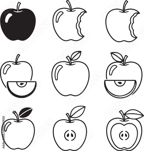 Black and white vector set of apple icons in different styles, including whole apples, bitten apples, and sliced apples, designed with minimal outlines.