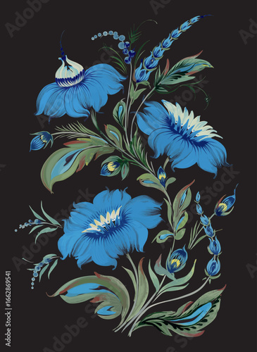 Vector floral composition of blue flowers and decorative leaves on a black background