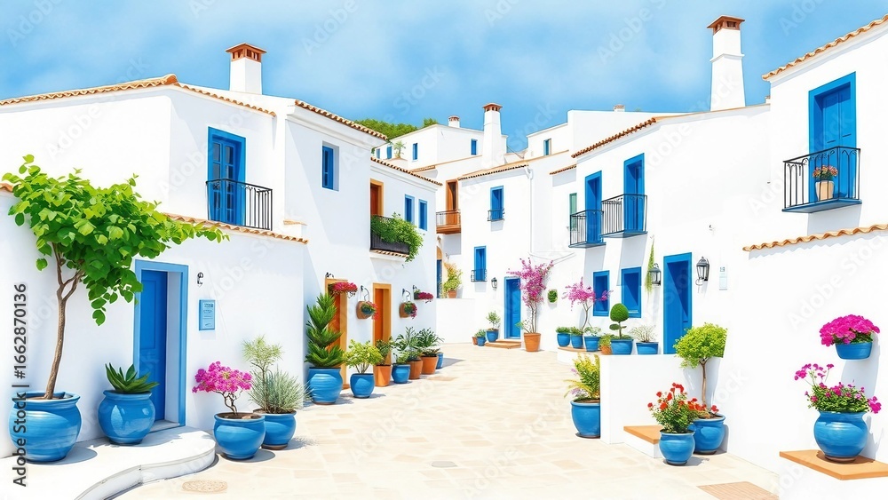 Obraz premium Bright Andalusian village street with white houses, blue shutters and vibrant summer flowers in colorful pots.