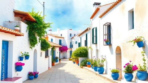 Bright Andalusian village street with white houses, blue shutters and vibrant summer flowers in colorful pots.