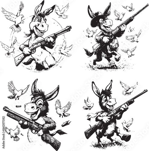 A black and white cartoon of a happy donkey holding a shotgun while shooting at doves, in the style of vector art on white background for a t-shirt design.eps