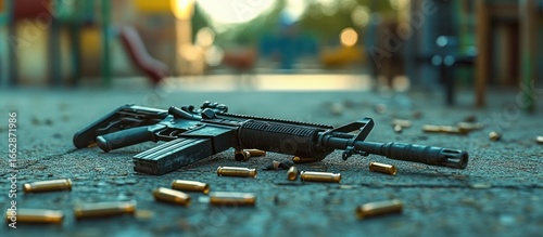 Black assault rifle lying on a street surface surrounded by scattered bullet casings in an urban setting during daylight