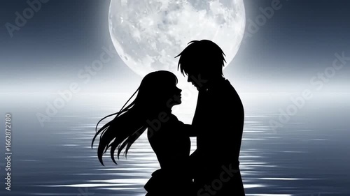 Silhouetted couple embracing under a full moon over water, creating a romantic and dreamy atmosphere.
