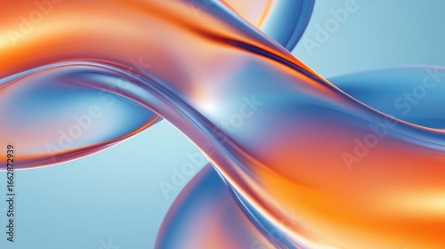 Smooth flowing curves with glossy metallic surface blending orange and blue colors in an abstract dynamic composition