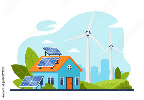 Sustainable home powered by solar panels and wind turbines in a clean environment with green fields and blue sky