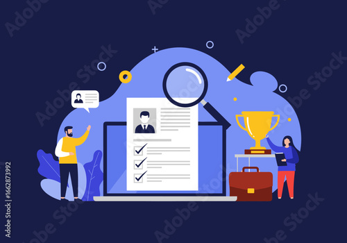 Professionals reviewing resumes and achieving career success with a trophy and briefcase representing achievement and opportunity