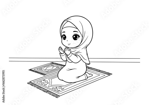 Cute Muslim Girl Performing Salah Coloring Sheet