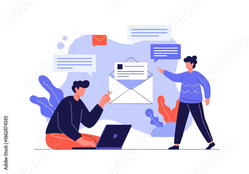 Illustration of people communicating online through emails and messages representing digital correspondence and modern communication methods