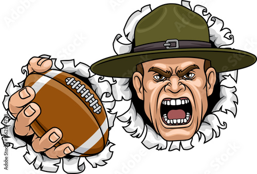 An angry drill instructor or sergeant bootcamp army soldier cartoon character holding American Football ball sports team mascot illustration.