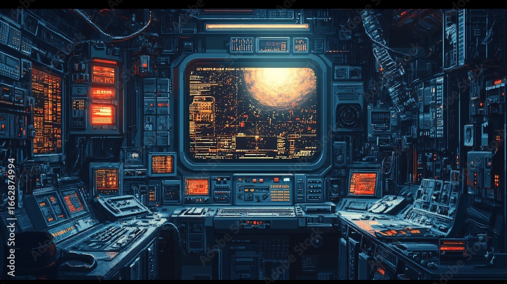 Fototapeta premium Futuristic Sci-Fi Command Center with a City View Screen