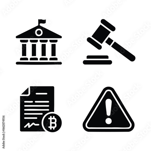 Crypto regulation icon set gavel, government building, legal document, warning sign. Solid black vector graphics.