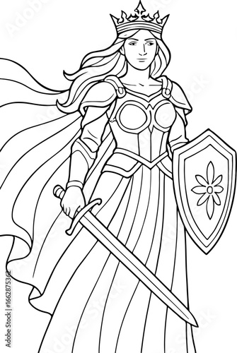 "Regal Female Warrior Illustration – Line Art of Crowned Heroine with Sword and Shield for Fantasy and Empowerment Design Projects"