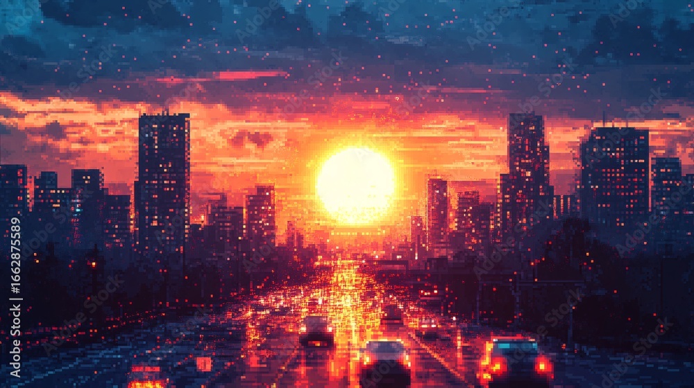 Obraz premium Sunset drive on a futuristic highway toward a city skyline