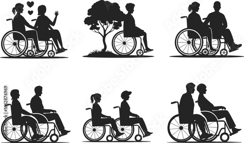 Disabled couples in wheelchairs sharing love, care, support, emotional connection, outdoor moments, companionship, 