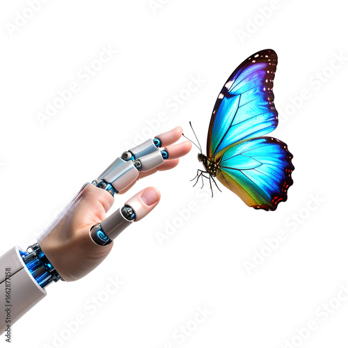 Robotic hand gently reaching towards a vibrant blue butterfly