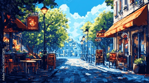 Charming Parisian Cafe Street Scene in Pixel Art Style
