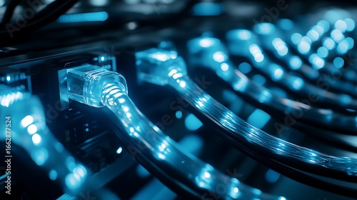 Close up of ethernet cables plugged into a network switch panel