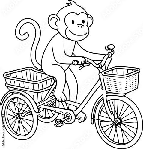 Monkey Riding Tricycle Line Drawing – Vector Illustration of Cartoon Monkey with Front and Rear Baskets for Children’s, Transportation, and Coloring Projects